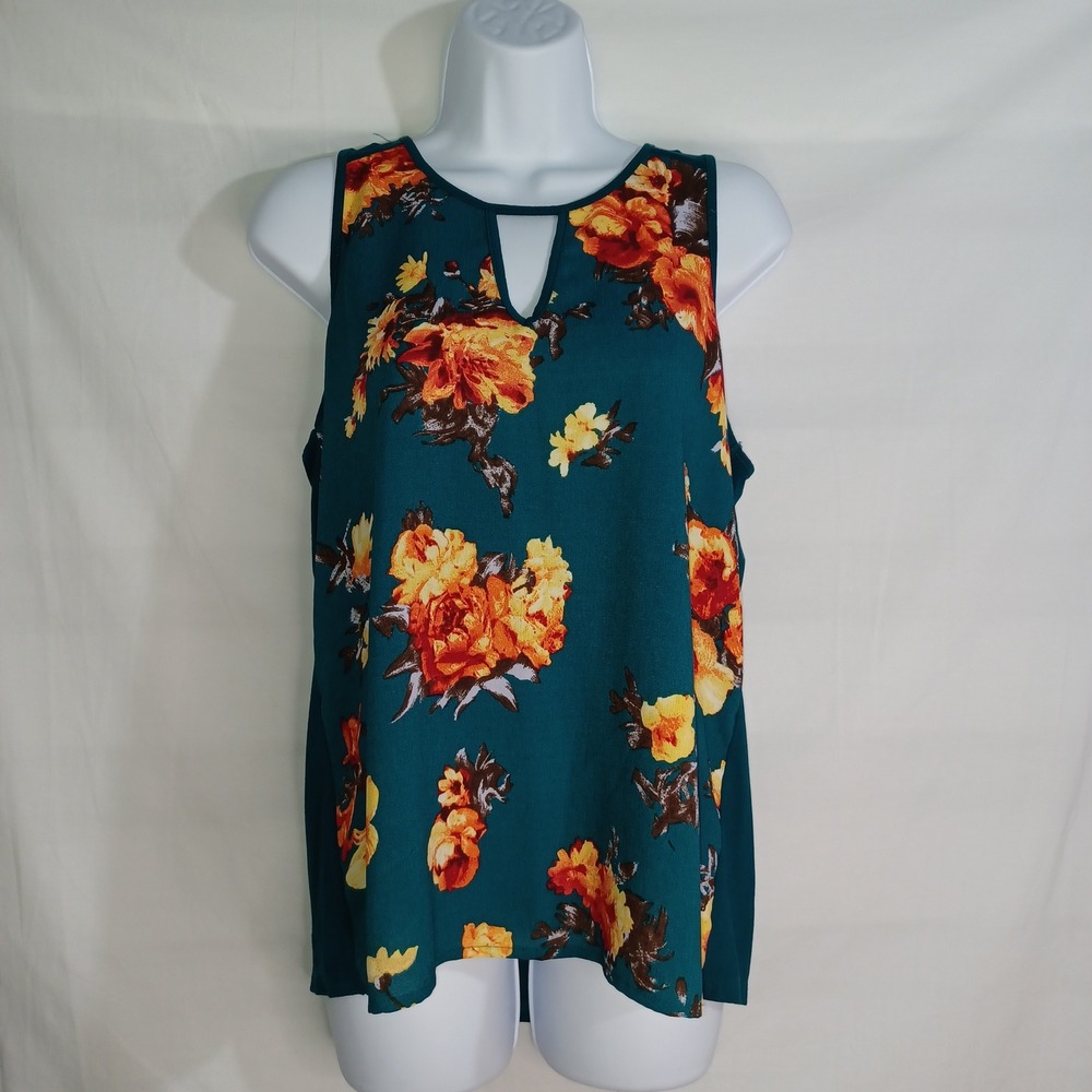Women's Market & Spruce Green Tropical Floral w Solid Green Back Blouse Size Med